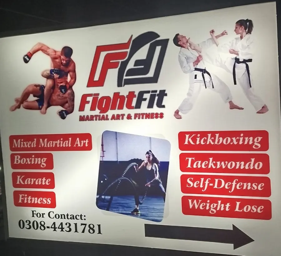 The FightFit board listing mixed martial art, boxing, karate, fitness, kickboxing, taekwondo, self-defence and weight loss