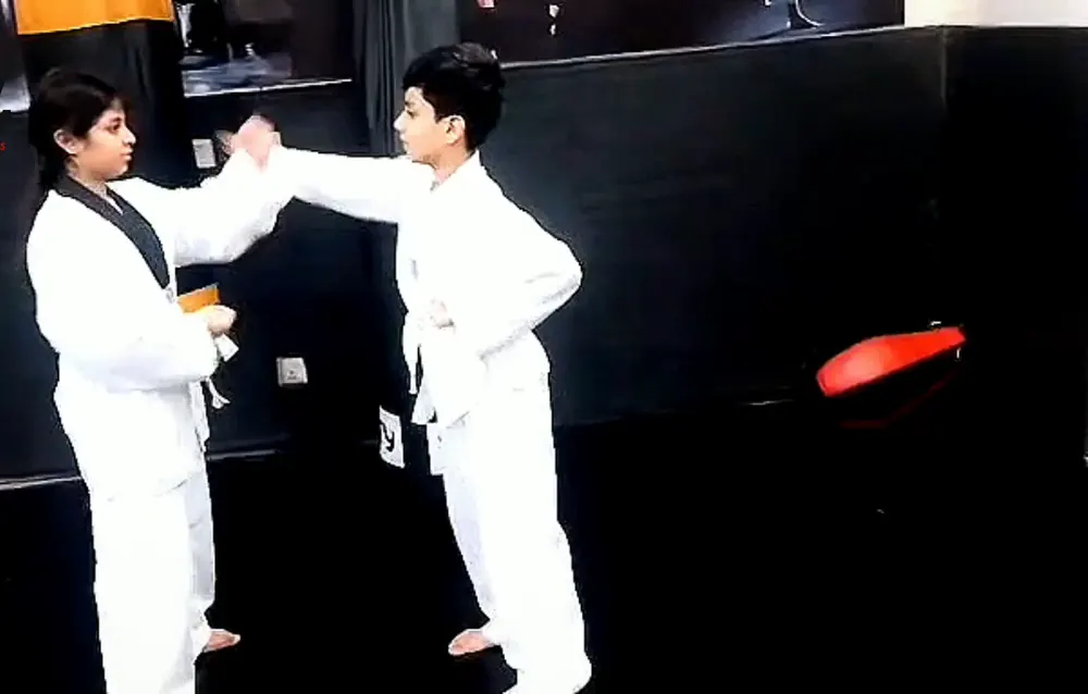 Kids in karate uniforms during class